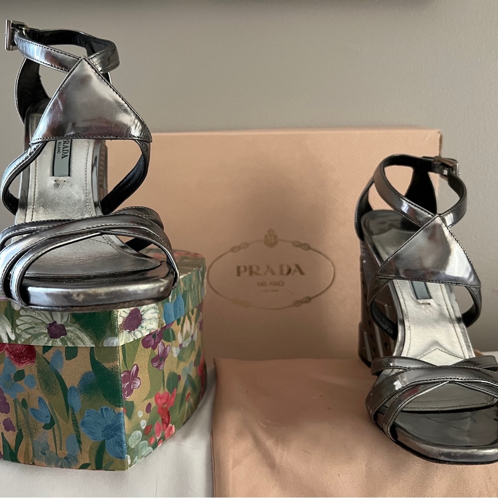 Prada Leather Wedge Silver Sandals Size 37/US 7. Dust bags included.